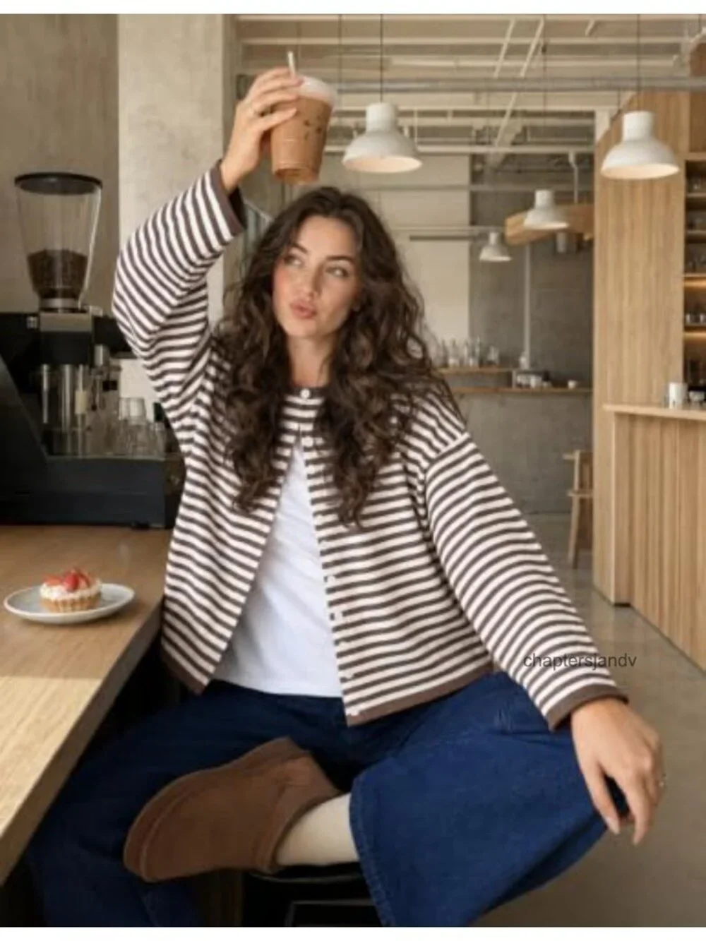 Striped Button Down Cardigan Rolled Collar Drop Shoulder Lightweight